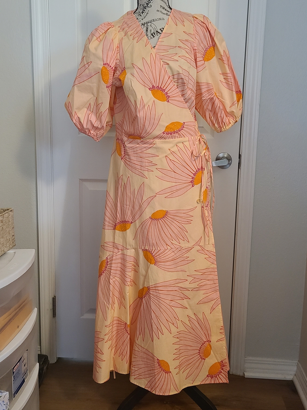 kate spade Peach and Yellow Floral Wrap Maxi Dress with Puff Sleeves